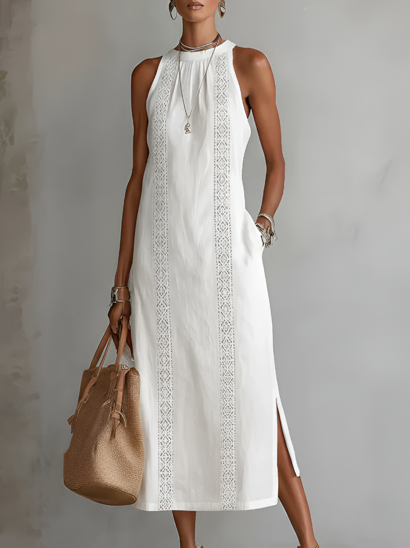 Jimena Vestido Midi de Lino con Cuello Coreano
