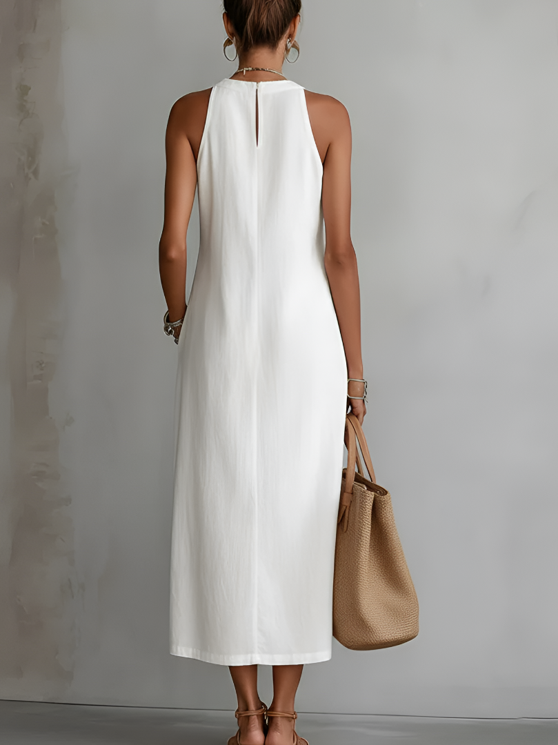 Jimena Vestido Midi de Lino con Cuello Coreano