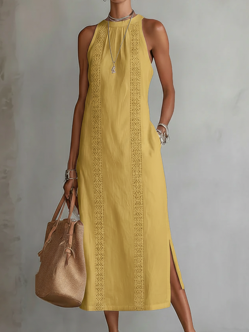 Natalia Vestido midi de lino con cuello alto