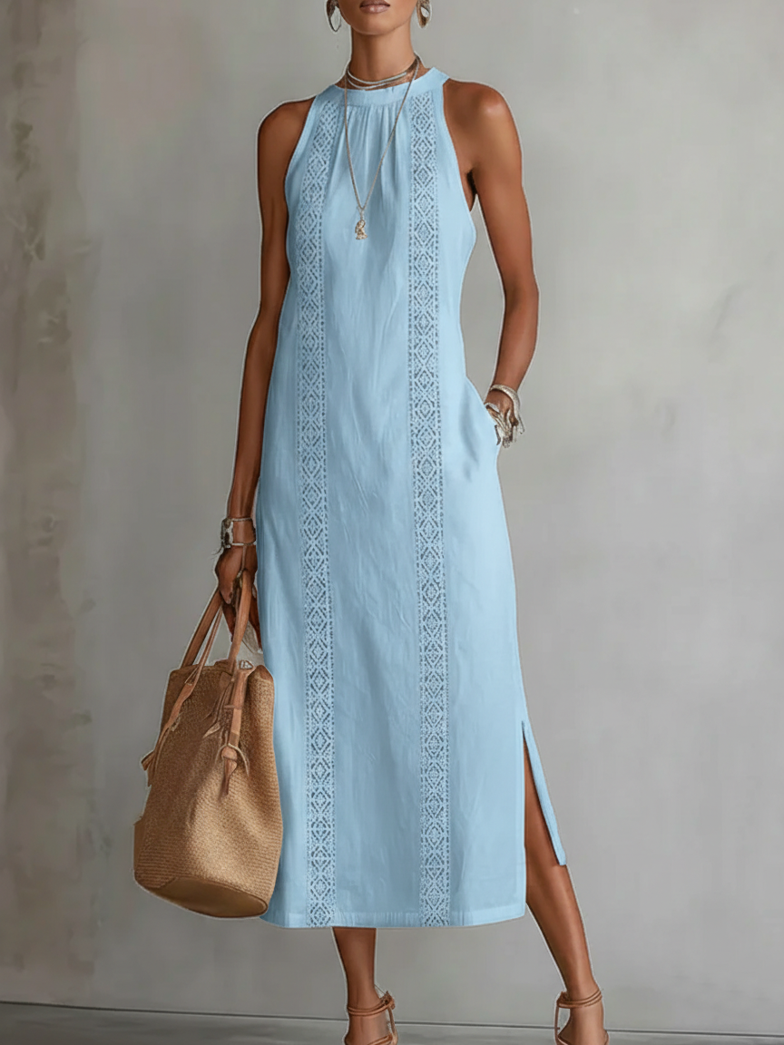 Jimena Vestido Midi de Lino con Cuello Coreano