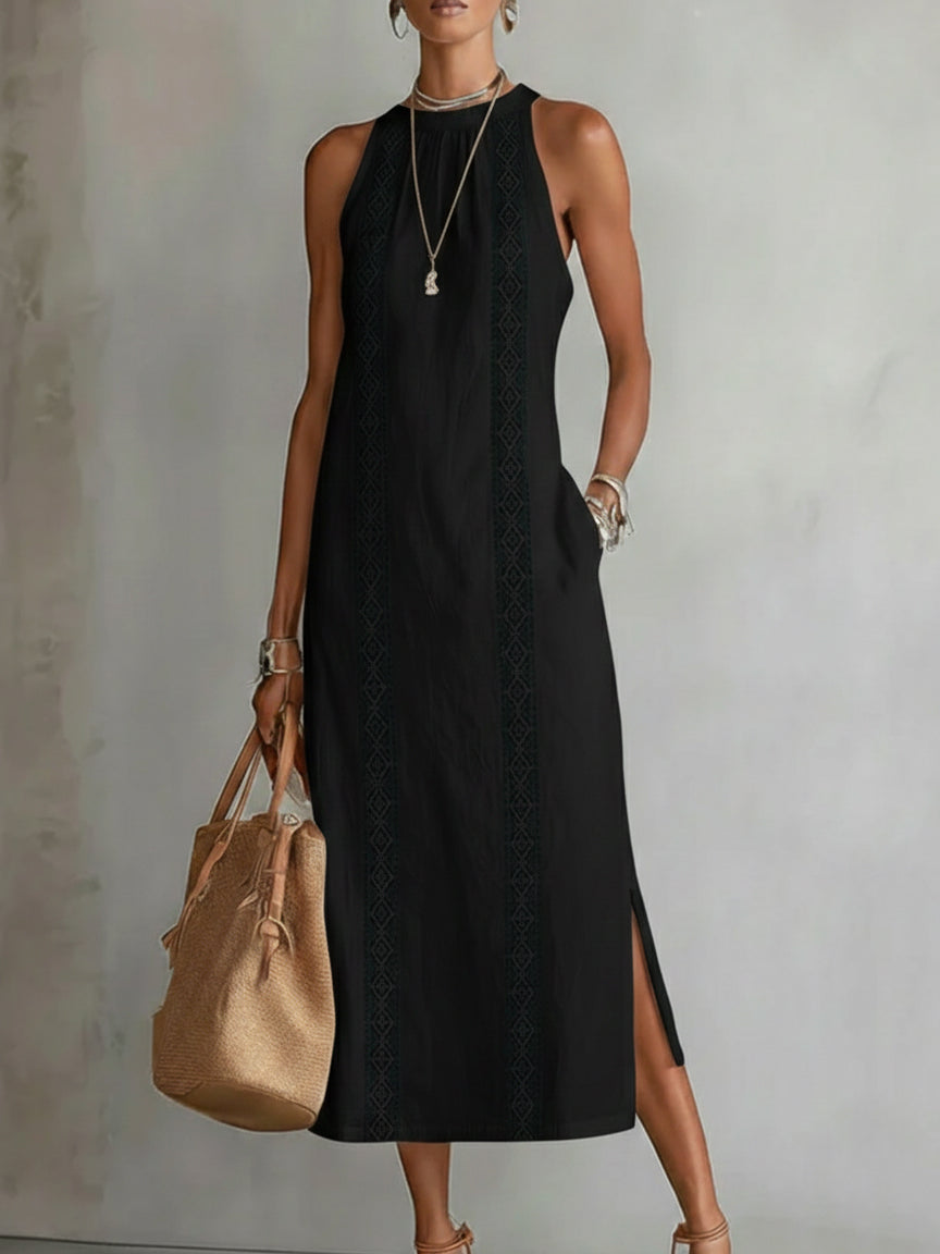 Natalia Vestido midi de lino con cuello alto